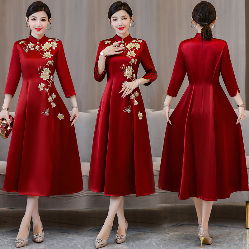 RY5272# 醋酸婚礼结婚敬酒礼服高贵气质刺绣年轻喜婆婆婚宴长袖旗袍