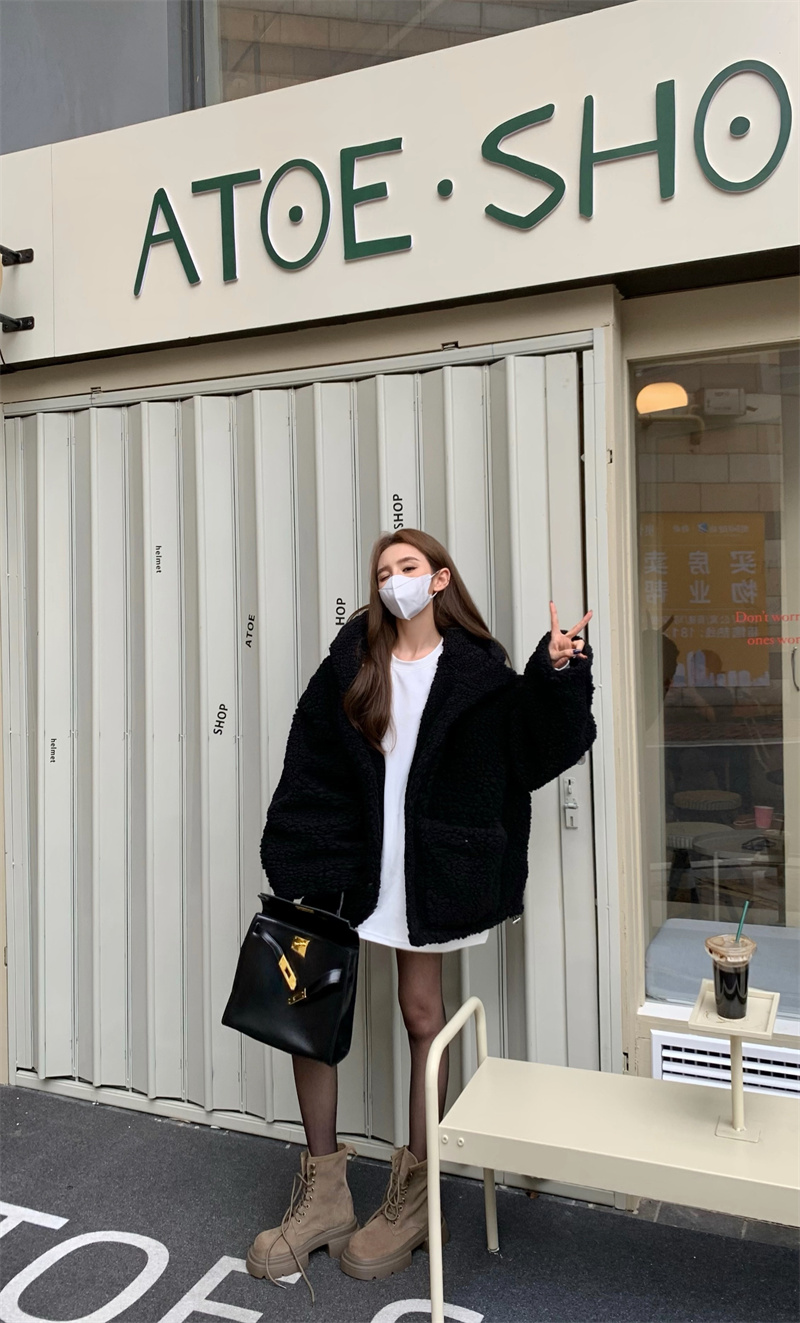 Real shot Fashion~Retro style loose black hooded cardigan jacket