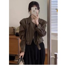 批发欧货短款PU皮衣女外套高品质春季新款<b class='q'>街头</b>翻领机车小个子皮夹克飒