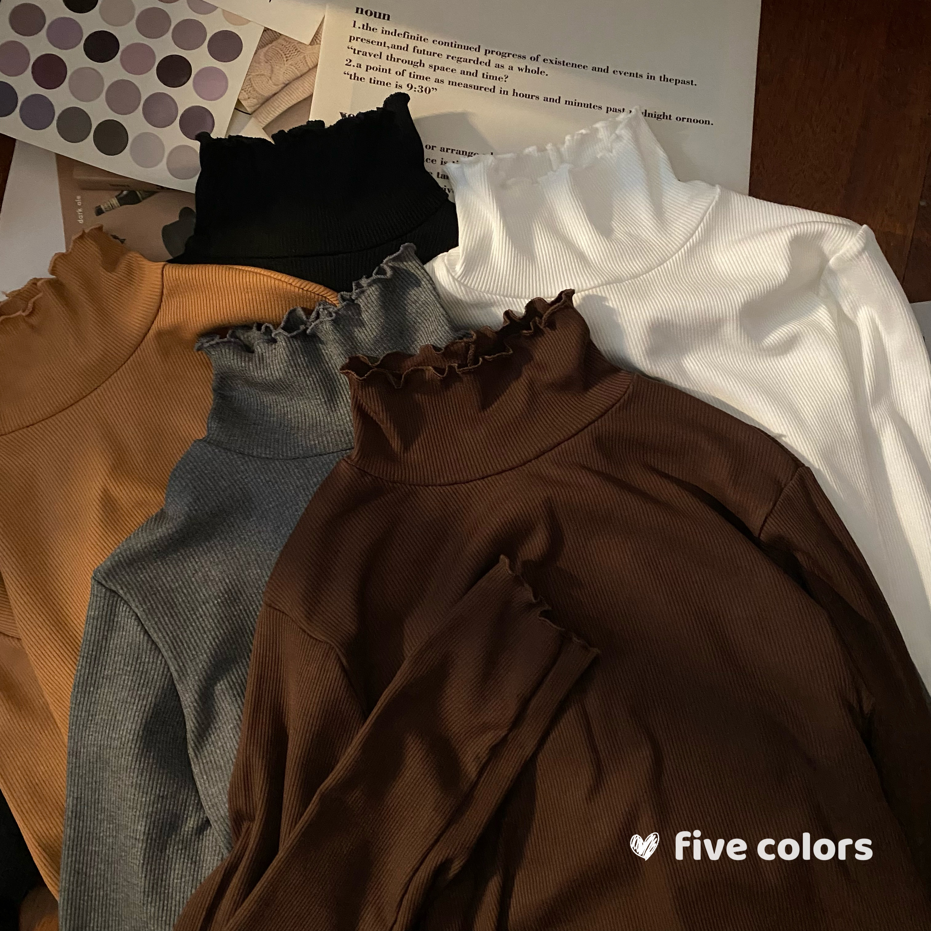 Real shot of early spring solid color fungus half turtleneck warm top plush bottoming shirt with long sleeves T for women