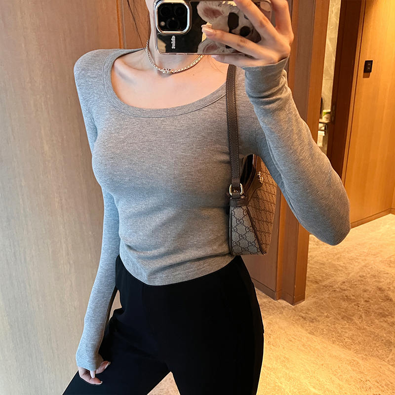 이른 가을 리브 면 단색 다용도 u 칼라 긴팔 티셔츠 여성 새로운 외국 가스 인사이드 가져 가라. 몸매 가꾸기 기본 셔츠 맨위