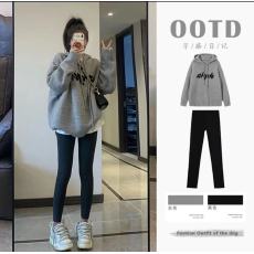 批发美式复古字母刺绣长袖连帽针织毛衣女宽松显瘦中长款鲨鱼裤<b class='q'>套装</b>