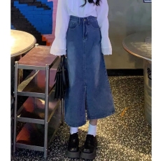 批发春秋开叉牛仔裤女设计感小众港风复古百搭中长款遮肉A字<b class='q'>半身裙</b>子
