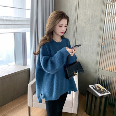 批发秋装大码新款日系复古慵懒风宽松侧开叉网红毛衣洋气百搭外穿线衣