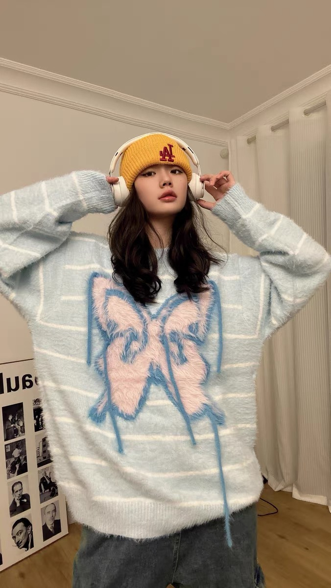 美式撞色蝴蝶刺繡軟糯毛衣秋季寬鬆休閒設計感小眾針織長袖上衣