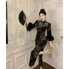 批发时尚修身大袖子毛毛袖复古<b class='q'>丝绒</b>旗袍<b class='q'>连衣裙</b>