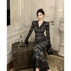 批发时尚性感气质开叉蕾丝V领收腰显瘦<b class='q'>高腰</b>包臀礼服连衣长裙