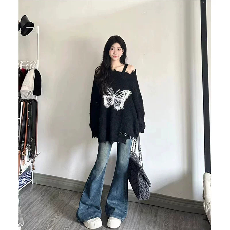 ANOOYOY ONLINE毛絨蝴蝶結毛衣女秋冬慵懶風設計感露肩破洞針織衫