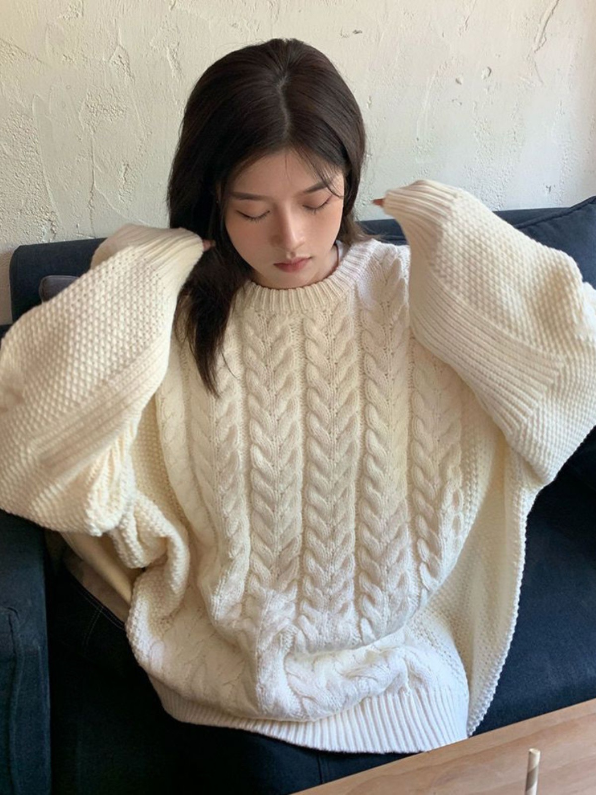 秋冬加厚 麻花針織毛衣女2023新款韓版克萊因藍寬鬆套頭針織衫潮