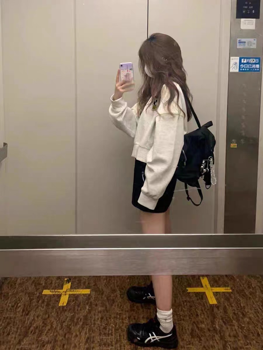 純棉複合 小個子短款衛衣女秋冬裝寬鬆慵懶風長袖圓領上衣