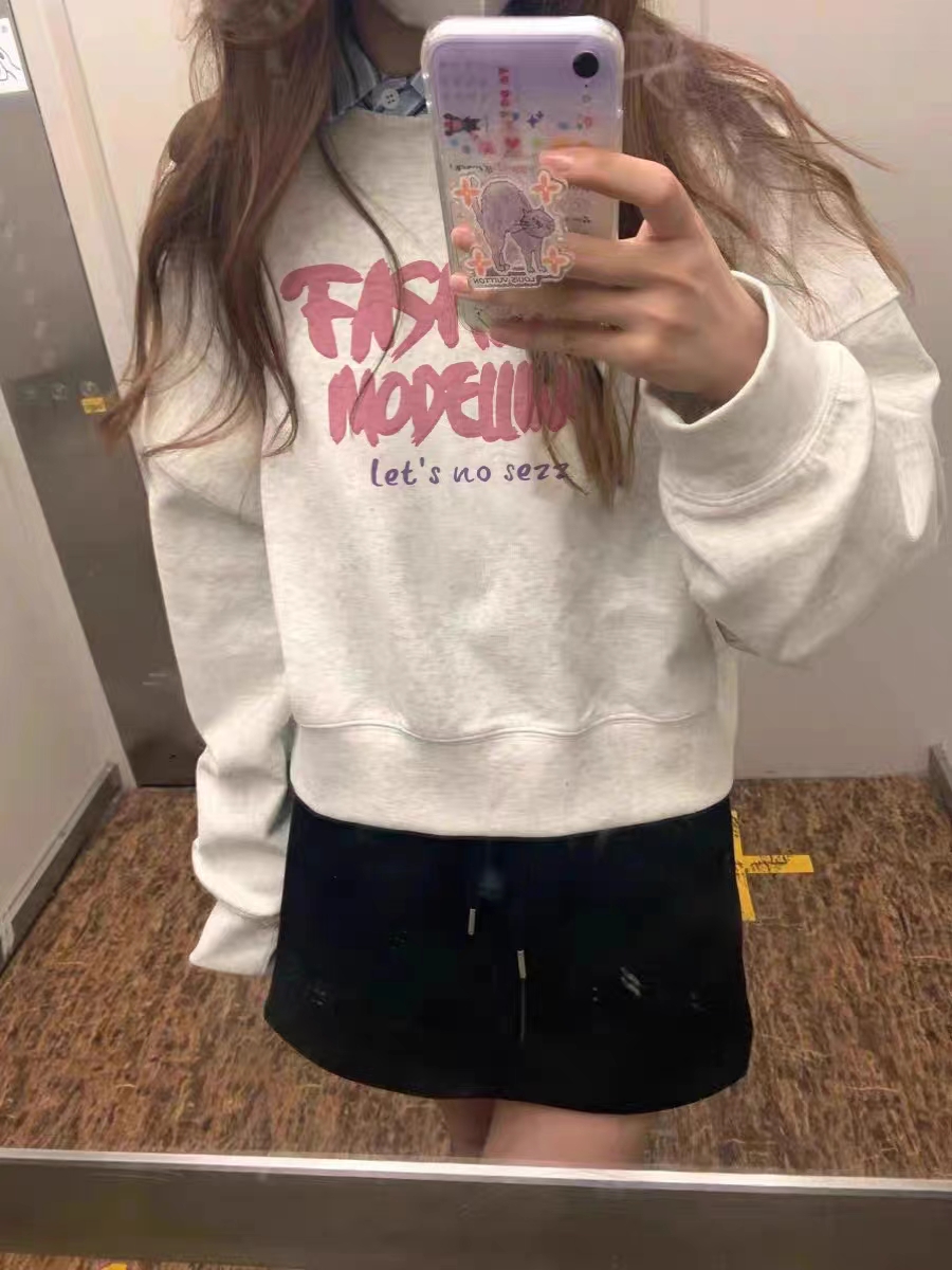 純棉複合 小個子短款衛衣女秋冬裝寬鬆慵懶風長袖圓領上衣