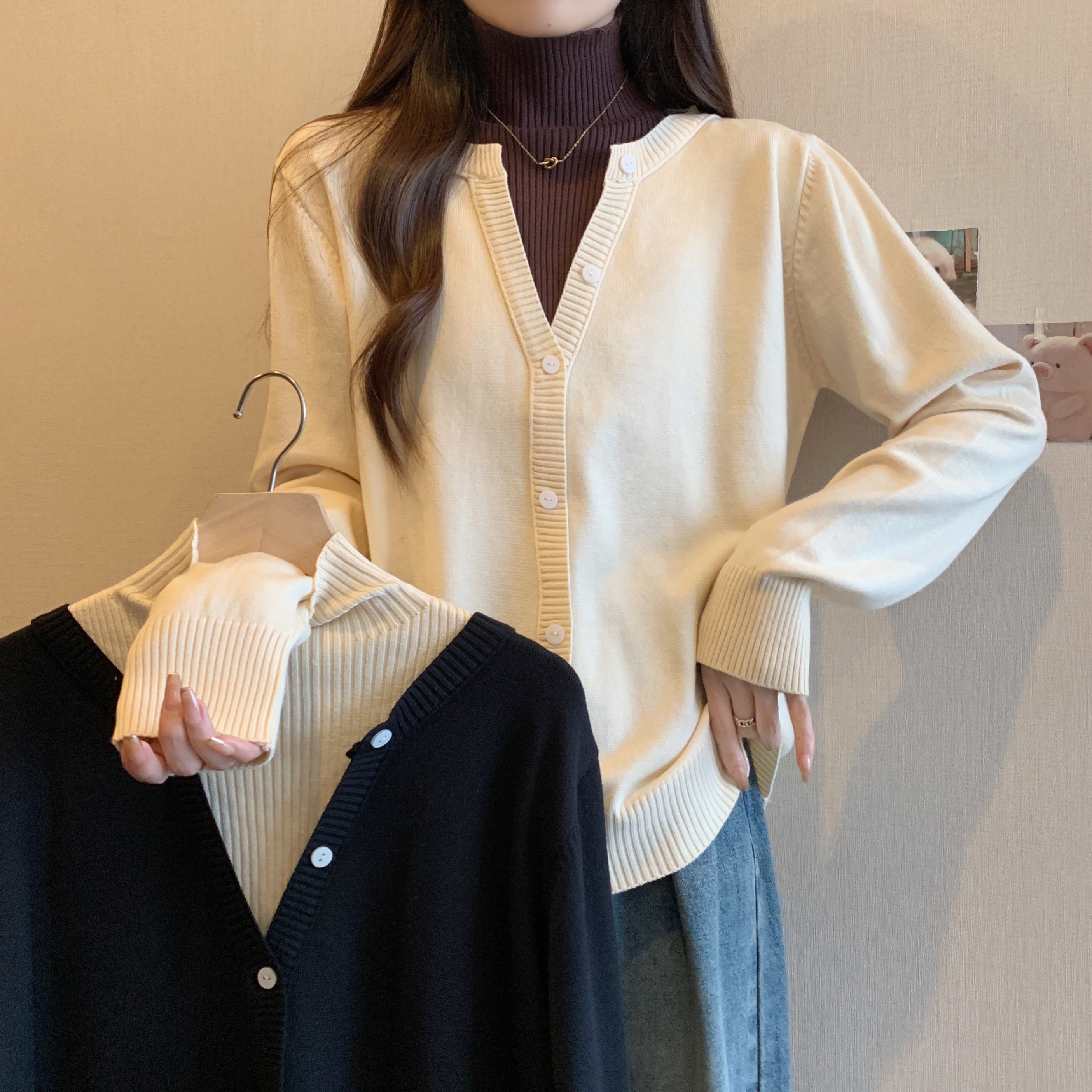 실사 지방 mm 빅 사이즈 가을 겨울 스웨터 인사이드 가져 가라. 페이크 레이어드 스택 착용 만나는 맨위 반하이넥 긴팔 니트 스웨터