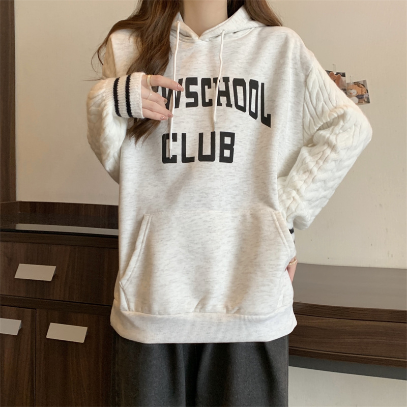 Actual shot of winter Korean style loose pure cotton composite velvet hooded printed simple large size plus velvet sweatshirt for women