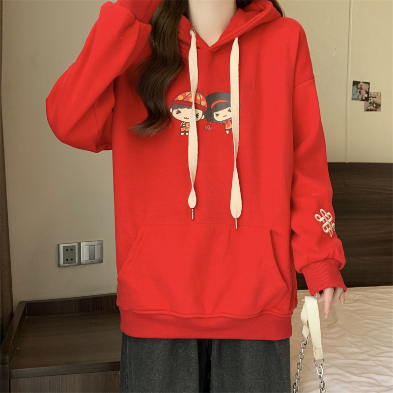 實拍 冬季韓版寬鬆純棉複合貝貝絨連帽中國風刺繡大碼加絨衛衣女