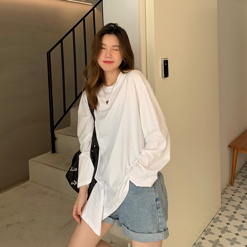 實拍 T恤女2024春裝新款韓版新款寬鬆中長款不規則小眾長袖上衣