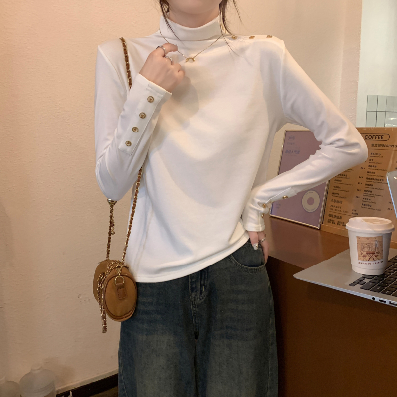 RM25629#韩国东大门纽扣装饰纯色半高领套头磨毛长袖T恤打底衫女
