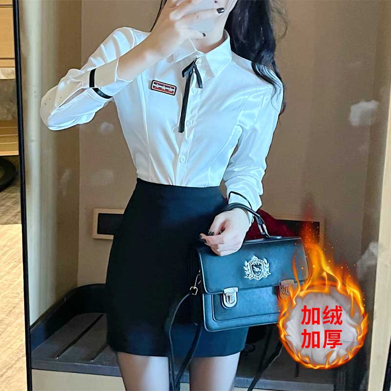 實拍職業裝女冬裝加絨修身長袖白色襯衫上衣+包臀裙工作服兩件套