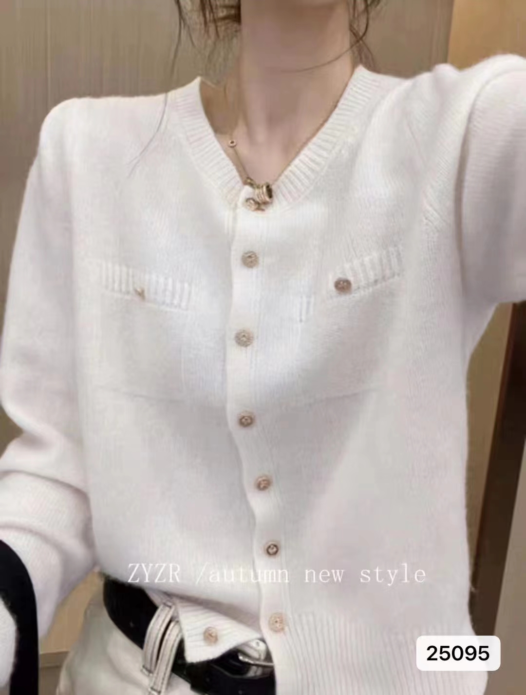 秋冬新款韓版小香風款圓領針織假口袋百搭開衫上衣女