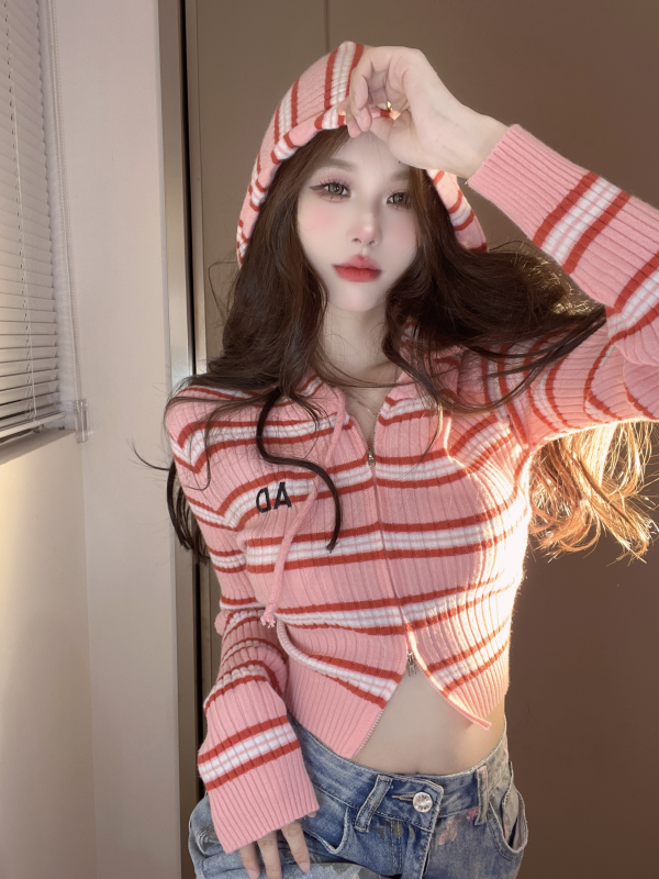 条纹连帽拉链毛衣开衫秋冬辣妹短款针织上衣内搭  服裝批發女裝批發服飾貨源