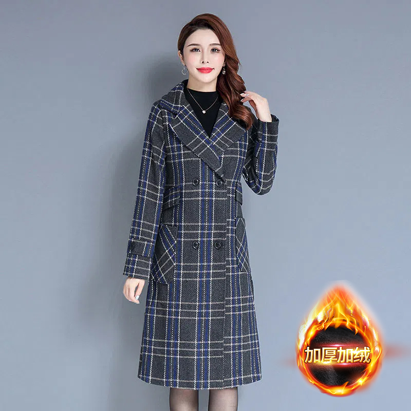 Plush woolen coat for women 2023 autumn and winter long over-the-knee thickened warm houndstooth plaid woolen coat