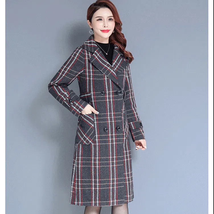 350 dragon and phoenix woolen coat women's long style new thickened warm houndstooth plaid woolen coat