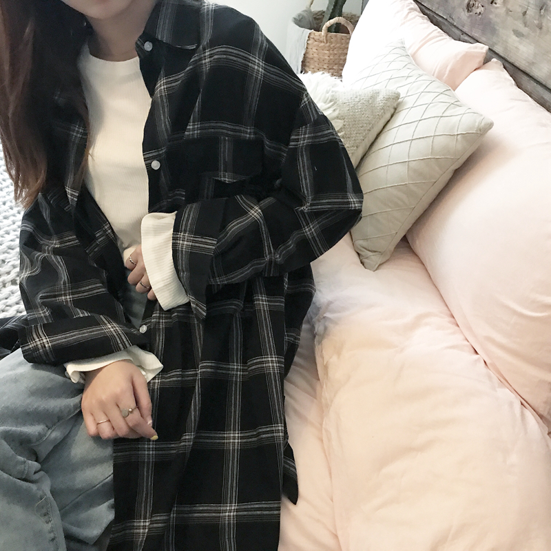 50 cotton 50 fiber plaid shirt women's Korean style long-sleeved shirt women's long coat