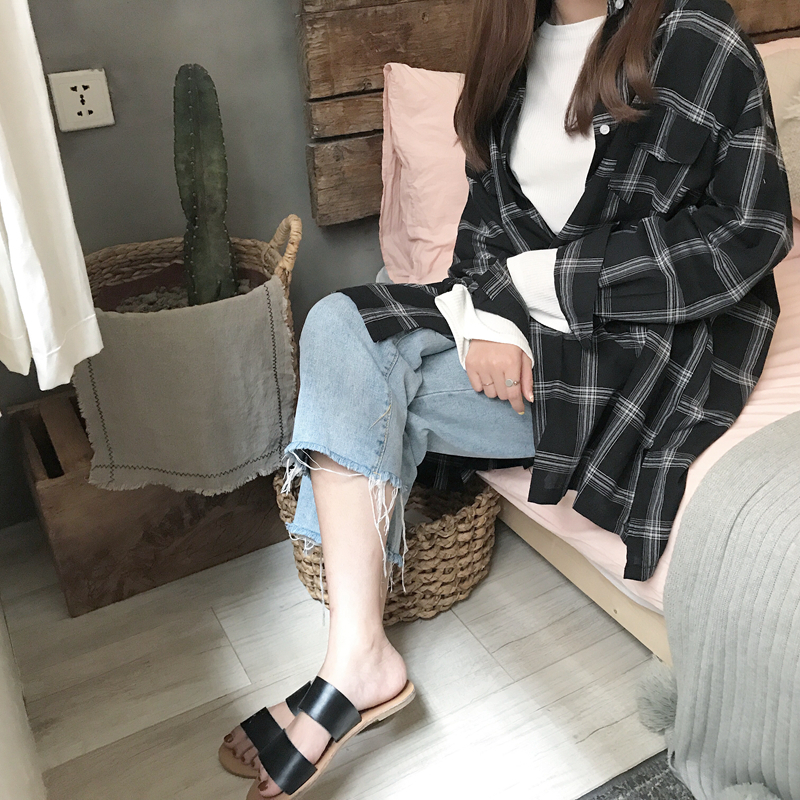 50 cotton 50 fiber plaid shirt women's Korean style long-sleeved shirt women's long coat