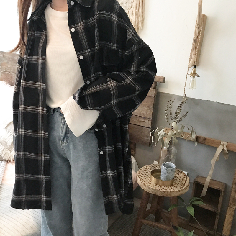 50 cotton 50 fiber plaid shirt women's Korean style long-sleeved shirt women's long coat