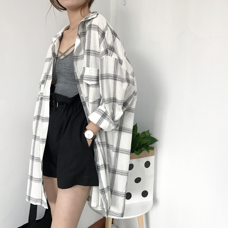 50 cotton 50 fiber plaid shirt women's Korean style long-sleeved shirt women's long coat