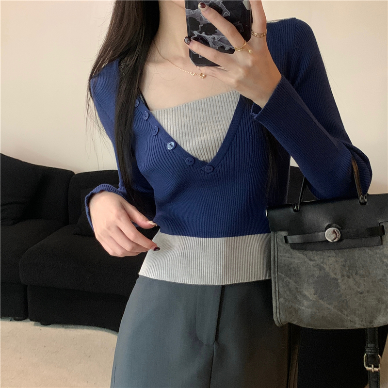 Real shot of autumn new fake two-piece slim long-sleeved sweater tops for women