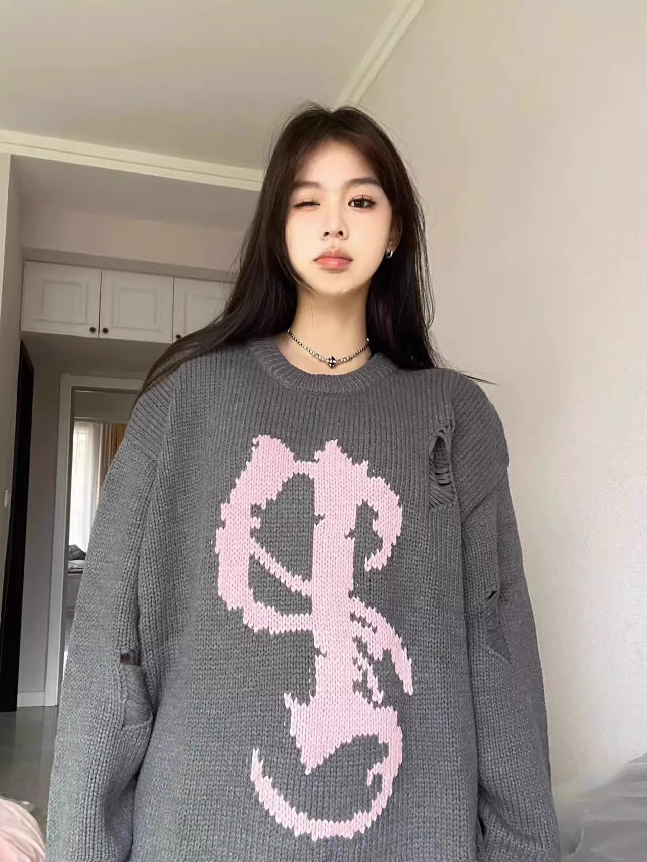 美式慵懶風復古做舊毛衣女秋冬季寬鬆小眾圓領套頭針織衫上衣外套
