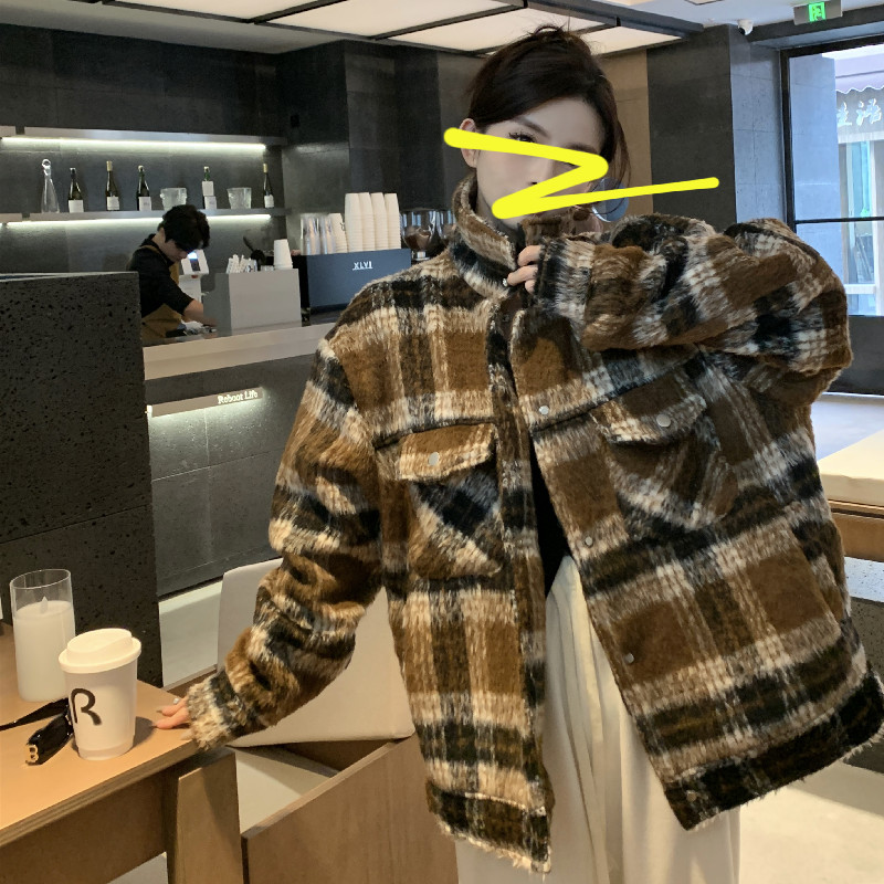 Real shot#Hong Kong style retro plaid woolen jacket for women autumn and winter 2023 new loose lazy style lapel jacket