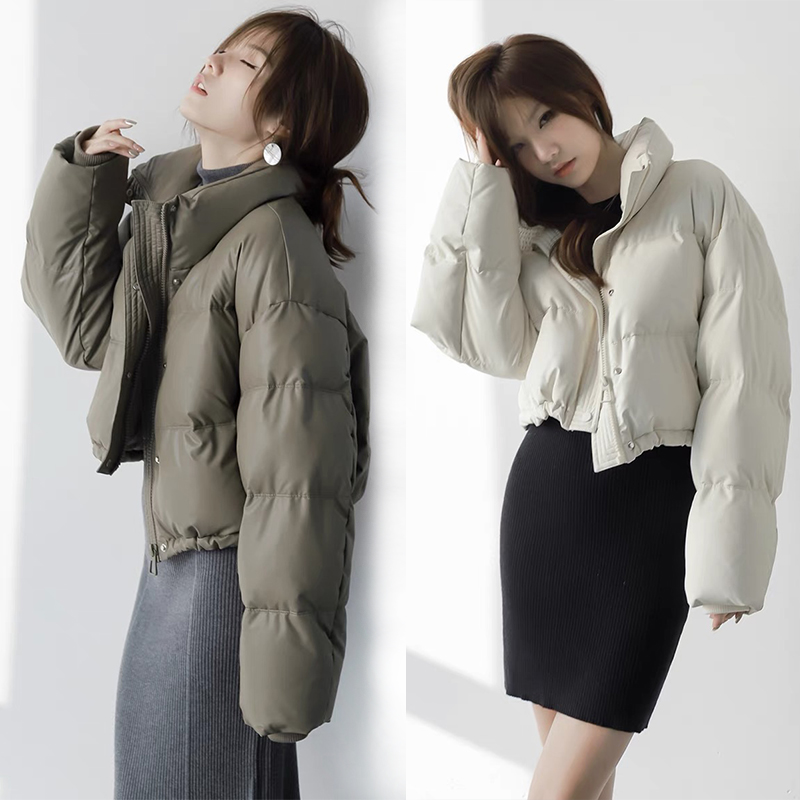 No-wash pu leather down jacket women's short 2023 new winter thickened stand-up collar bread coat small Kendou coat