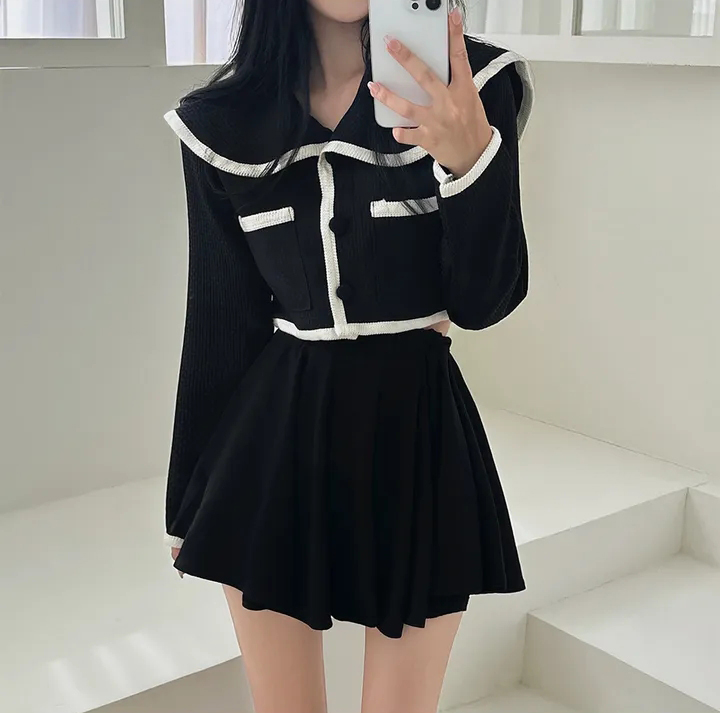 있음 선적 쇼트 스타일 폴로 칼라 배색 몸매 가꾸기 쇼트 스타일 재킷
