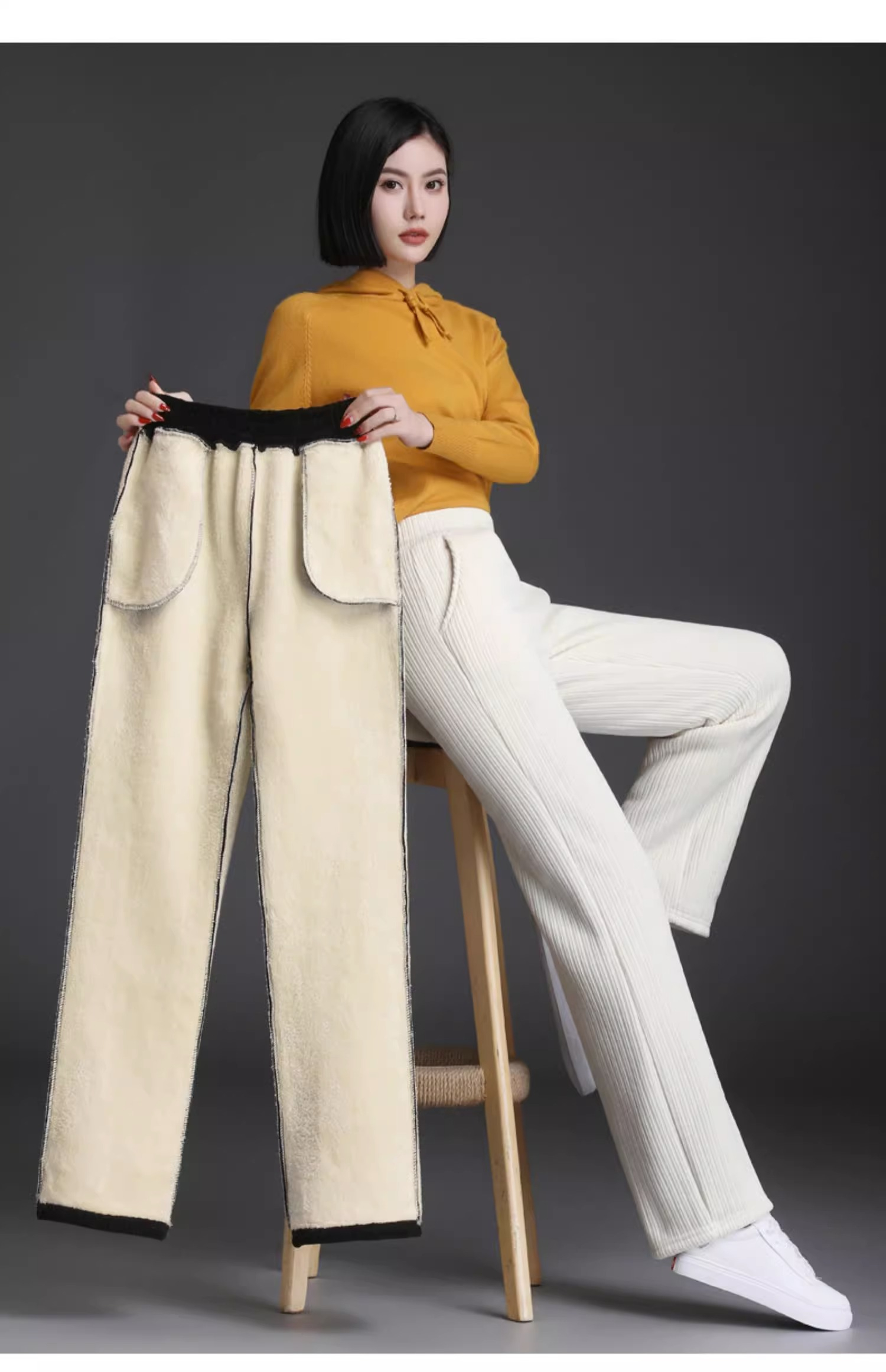 Official Photo Chenille Wide Leg Pants Women's Winter  Thickened Shearling Straight Casual Velvet Pants Trousers