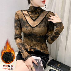 批发加绒加厚2025秋装新款高领手工订珠长袖镂空<b class='q'>网纱</b>t恤女时尚<b class='q'>打底衫</b>