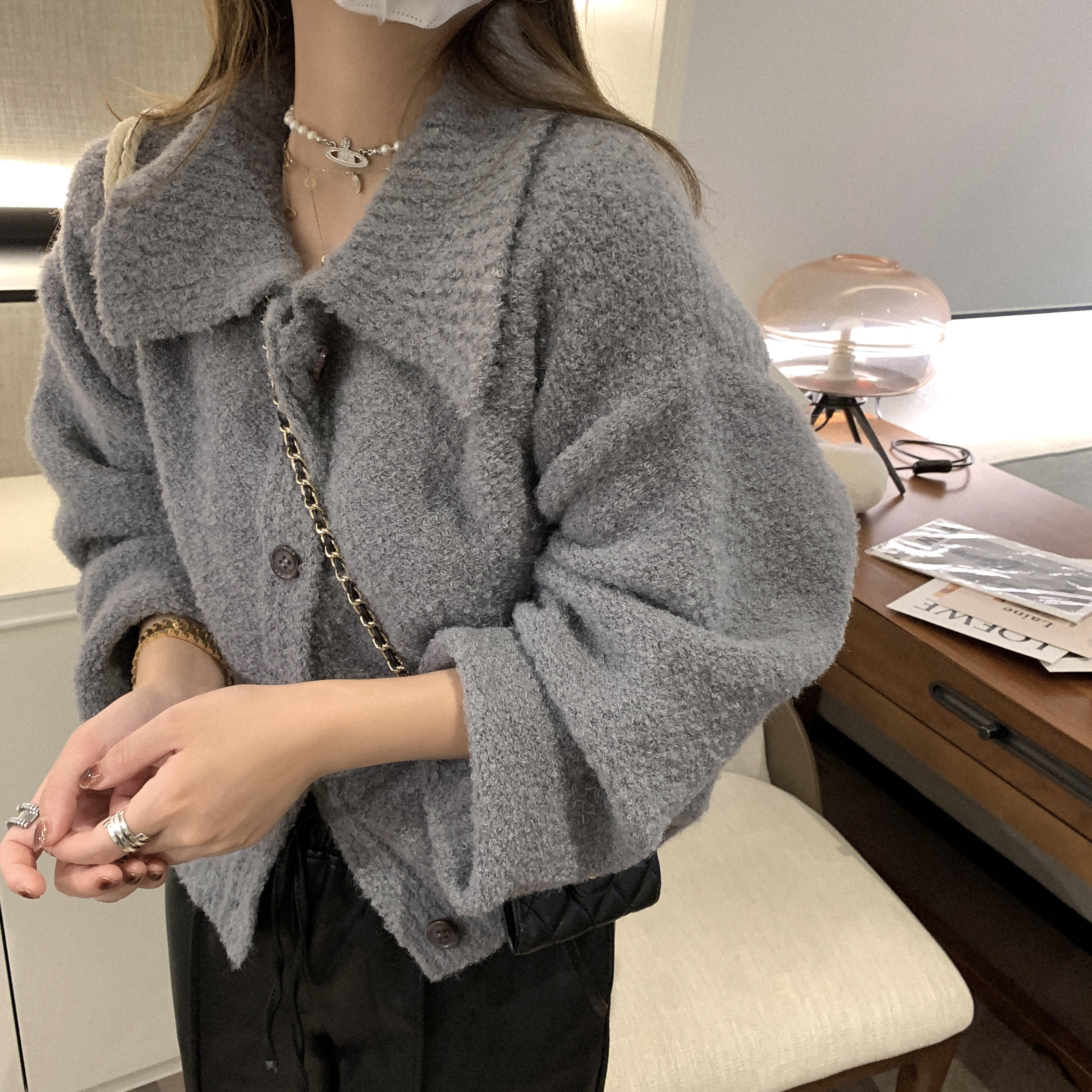 顆粒圈圈紗減齡翻領毛線衣復古單排扣寬鬆針織開衫秋冬毛衣外套女