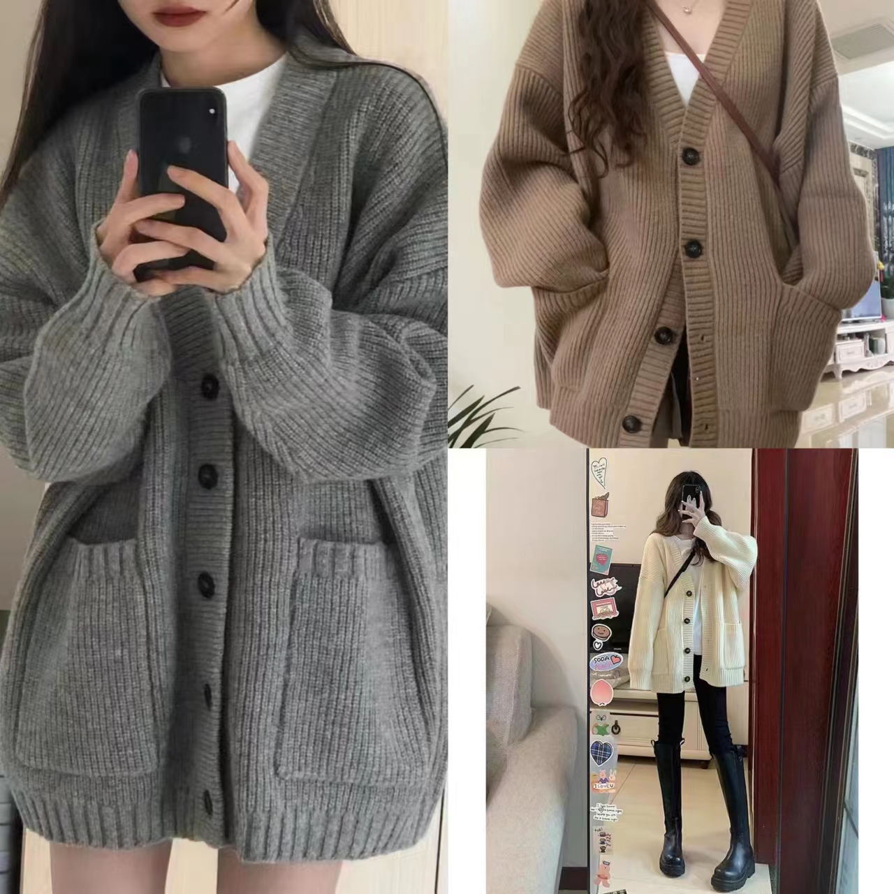 Korean version of wearing small fragrant style knitted sweater for women, new autumn style, loose and lazy v-neck cardigan jacket, trendy