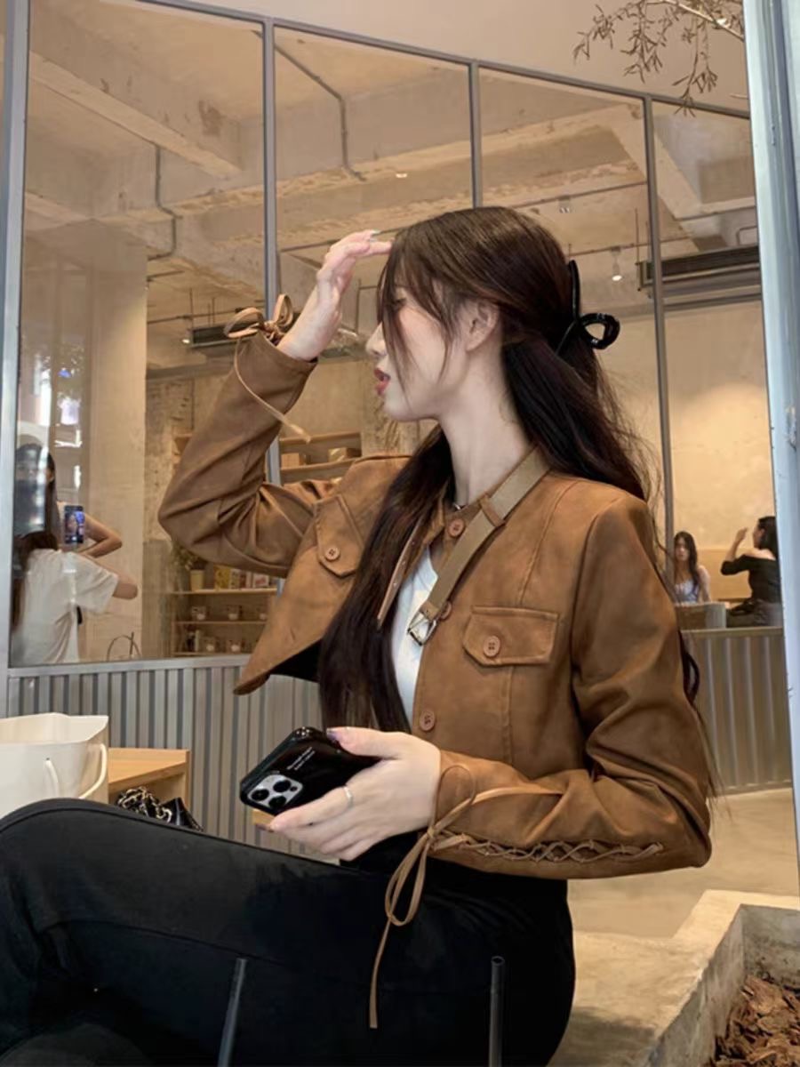 Brown motorcycle leather jacket for women spring and autumn new retro small Hong Kong style short pu leather jacket top