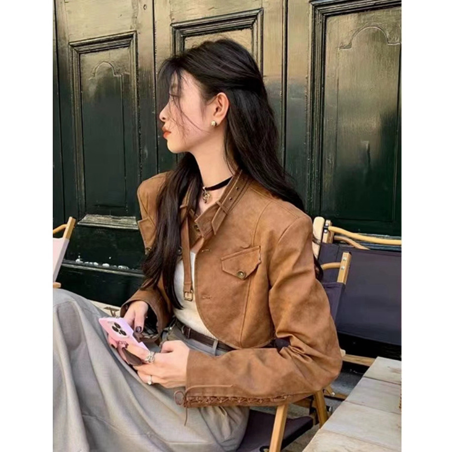 Brown motorcycle leather jacket for women spring and autumn new retro small Hong Kong style short pu leather jacket top