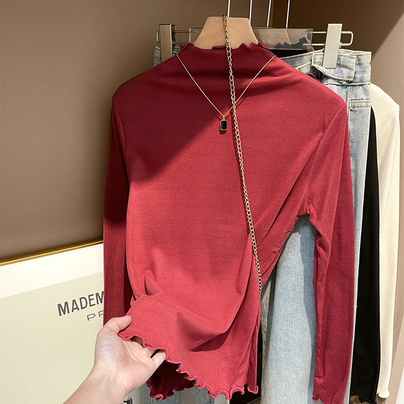 Real shot of German velvet half turtleneck bottoming shirt for women, autumn and winter plus velvet and thickened  new long-sleeved T-shirt