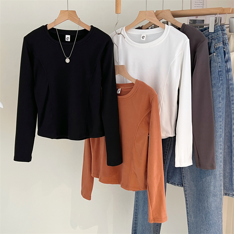 Actual shot of slim-fitting German velvet bottoming shirt for women, short curved round neck bottoming shirt with long-sleeved T-shirt for women, Korean style top