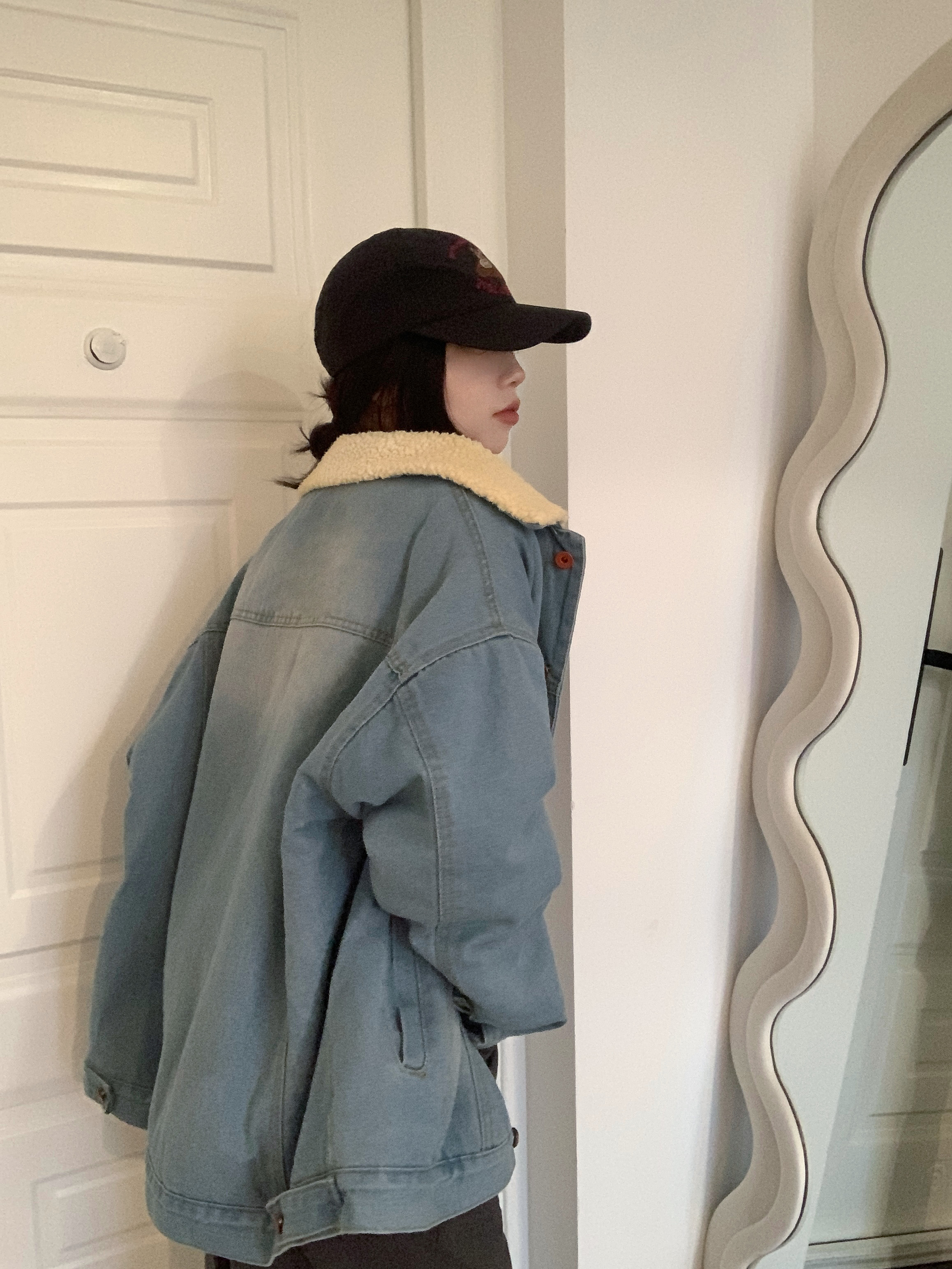 Real shot!  Retro imitation lambswool denim jacket for women autumn and winter couple's velvet thickened cotton jacket