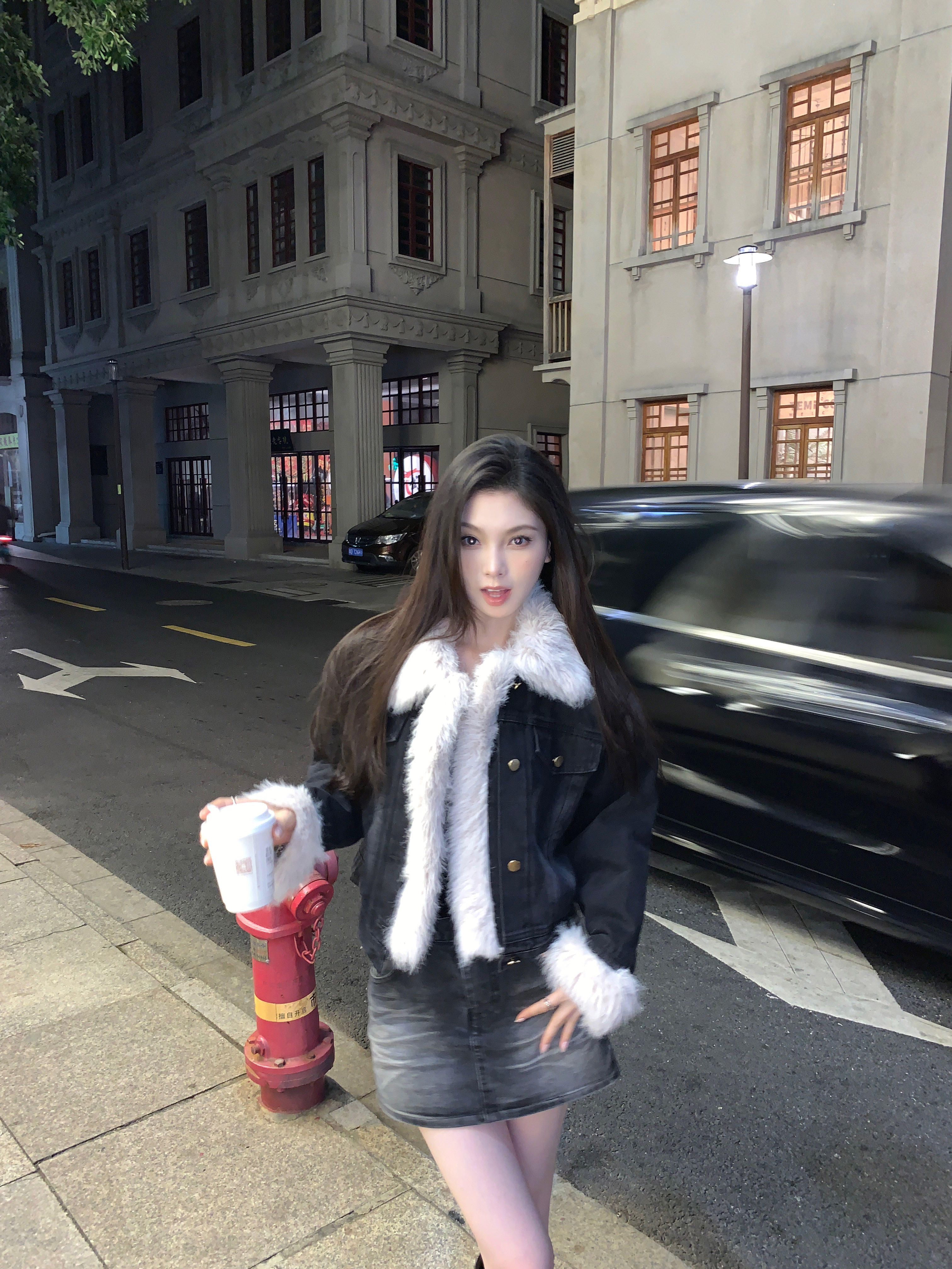 Real shot!  Internet celebrity's same style small fragrance eco-friendly fur collar inner padded denim jacket short coat top