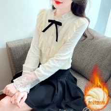 批发2026秋冬加绒加厚半立领复古毛绒绒衬衫女春季百搭内搭<b class='q'>蕾丝</b>衫<b class='q'>上衣</b>