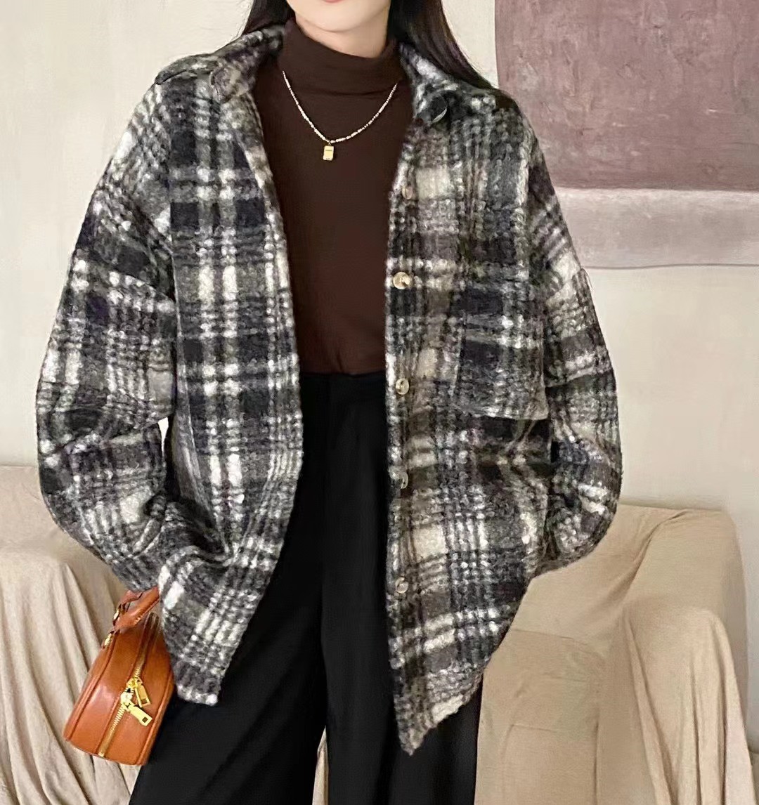 한국 스타일 가을 겨울 양 컬 격자 무늬 셔츠 레트로 개성 디자인 센스 루즈핏 chic 긴팔 루즈핏 여성 코트