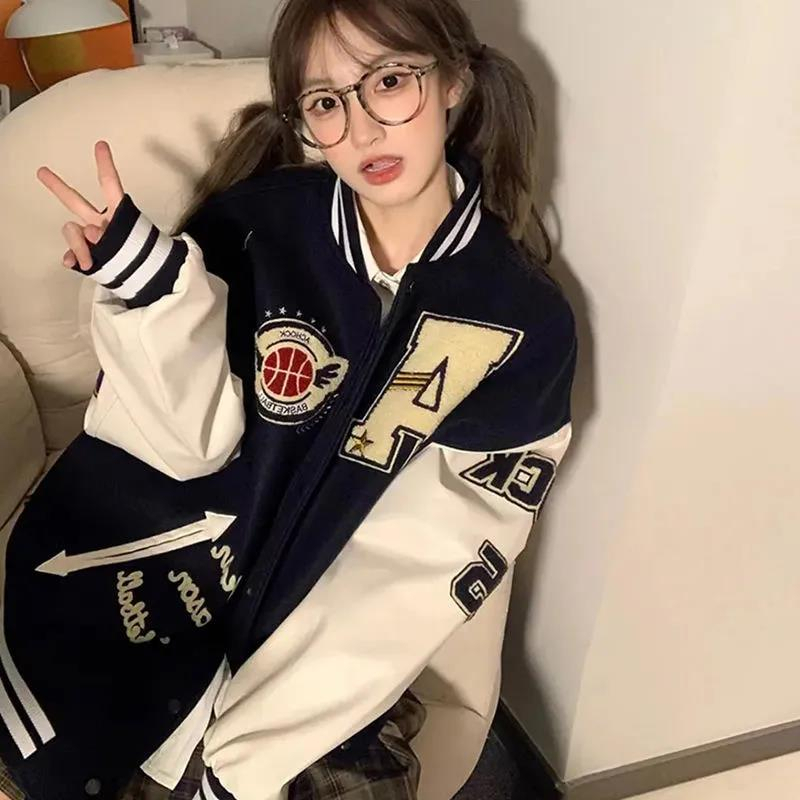 Double screw mouth national fashion brand jacket women's loose autumn and winter hip-hop jacket baseball uniform jacket women