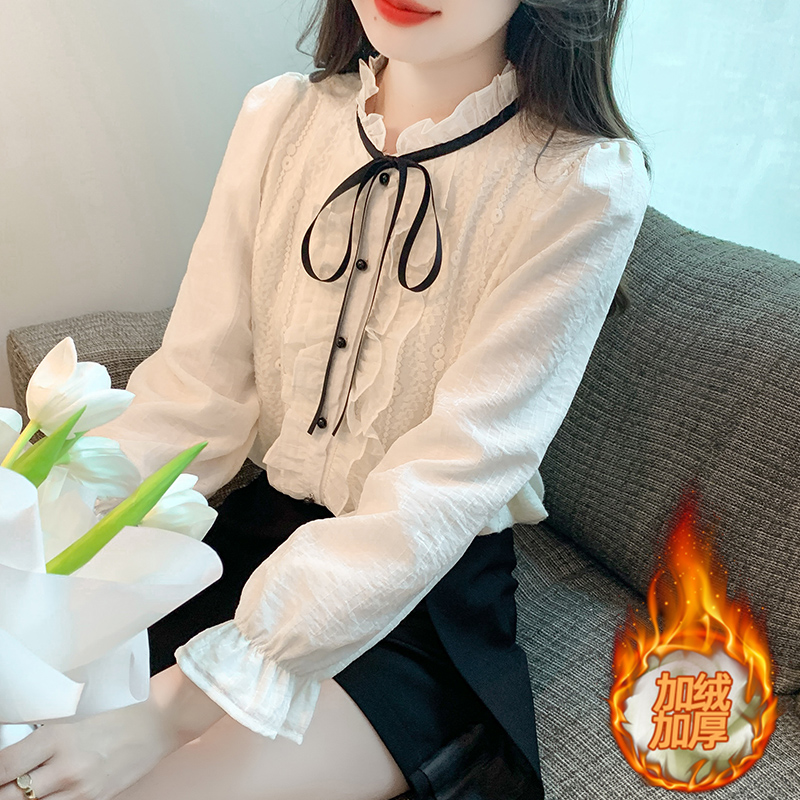 실사 2026 봄 새로운 다용도 나비 매듭 긴팔 털이 있고 두꺼운 레이스 셔츠 여성 레이스 기본 셔츠