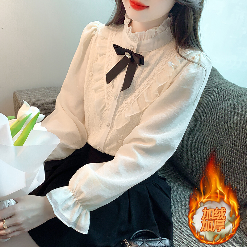 실사 2026 봄 새로운 한국 스타일 다용도 털이 있고 두꺼운 긴팔 레이스 셔츠 여성 레이스 기본 셔츠