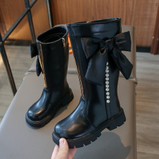 批发蝴蝶结儿童靴子2023<b class='q'>秋</b>冬季新款高筒长靴公主长筒靴加绒二棉马丁靴